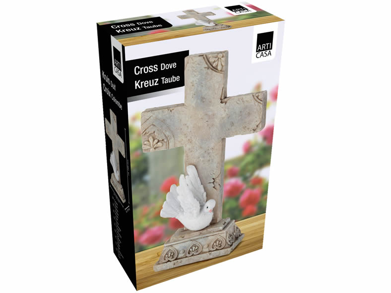 Grabschmuck Kreuz mit Taube aus Polyresin Größe 12 x 5,5 x 20,5 cm im Geschenkkarton