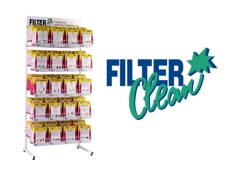 Displayständer 3 breit mit Staubsaugerbeuteln Marke FILTER Clean 40 Typen je 2 bzw. 3 Schachteln, Korbdisplay ca. 200x79x46 cm (HxBxT)