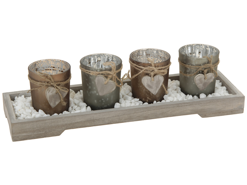 Teelichthalter Set, 4 Gläser auf Holzschale