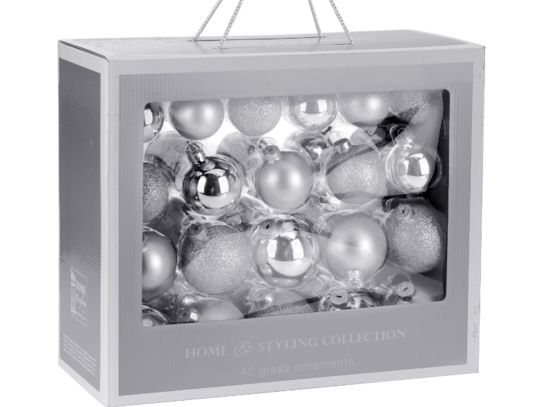 Weihnachtsbaumkugel Glas 42er Komplett-Set matt/glanz/glitter silber