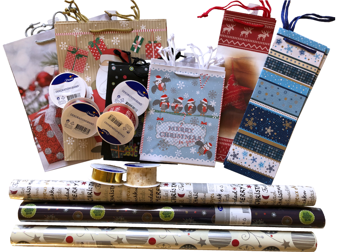 Duni Mixkarton Weihnachten, ca. 225 Teile - Geschenkpapier, Tüten, Geschenkband