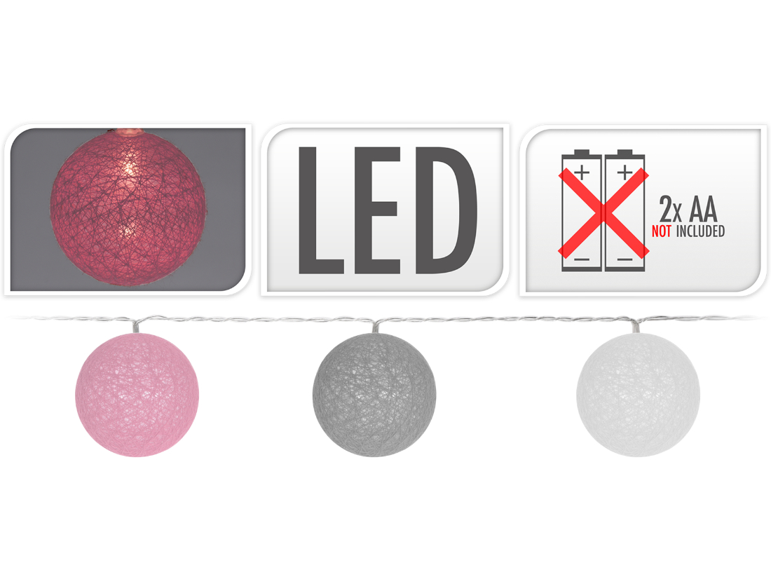 LED Lichterkette 10 Raphia Kugeln 6 cm, Länge 180 cm, grau-weiß-rosé