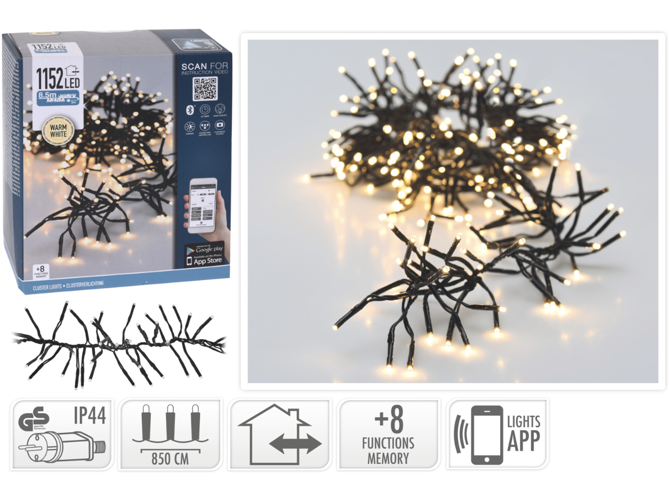 Bluetooth Cluster Büschel  Lichterkette warmweiß für Innen & Aussen, 1.152 LED