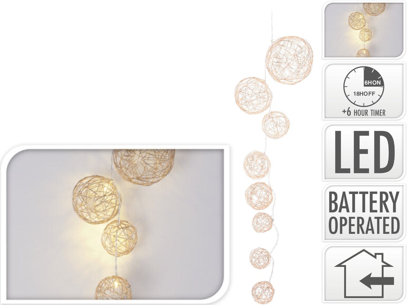 LED Deko Girlande Metallkugeln mit 8 warm-weißen LED`s mit TIMER