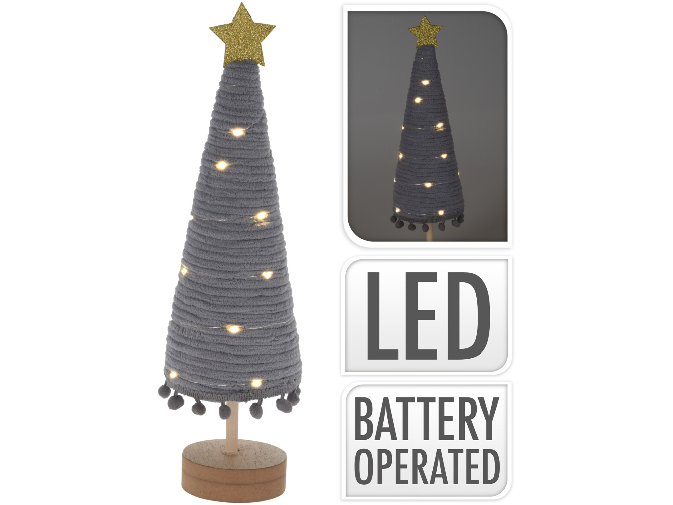 LED Deko Weihnachtsbaum aus Wolle mit Holzfuss grau