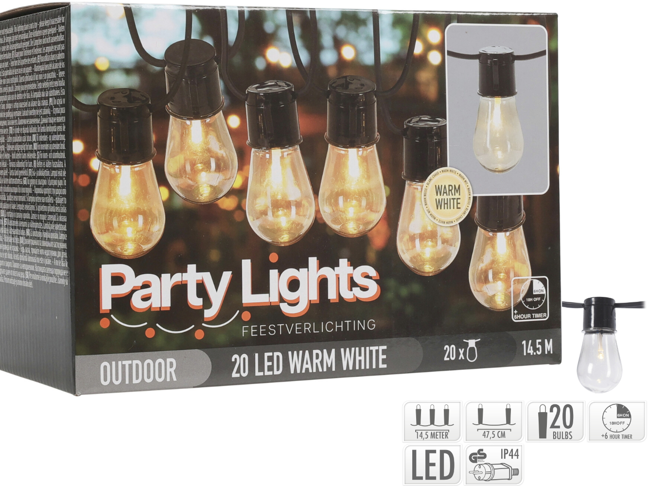 Partybeleuchtung Outdoor mit 20 LED Lampen Festbeleuchtung, 14,5 m, mit TIMER