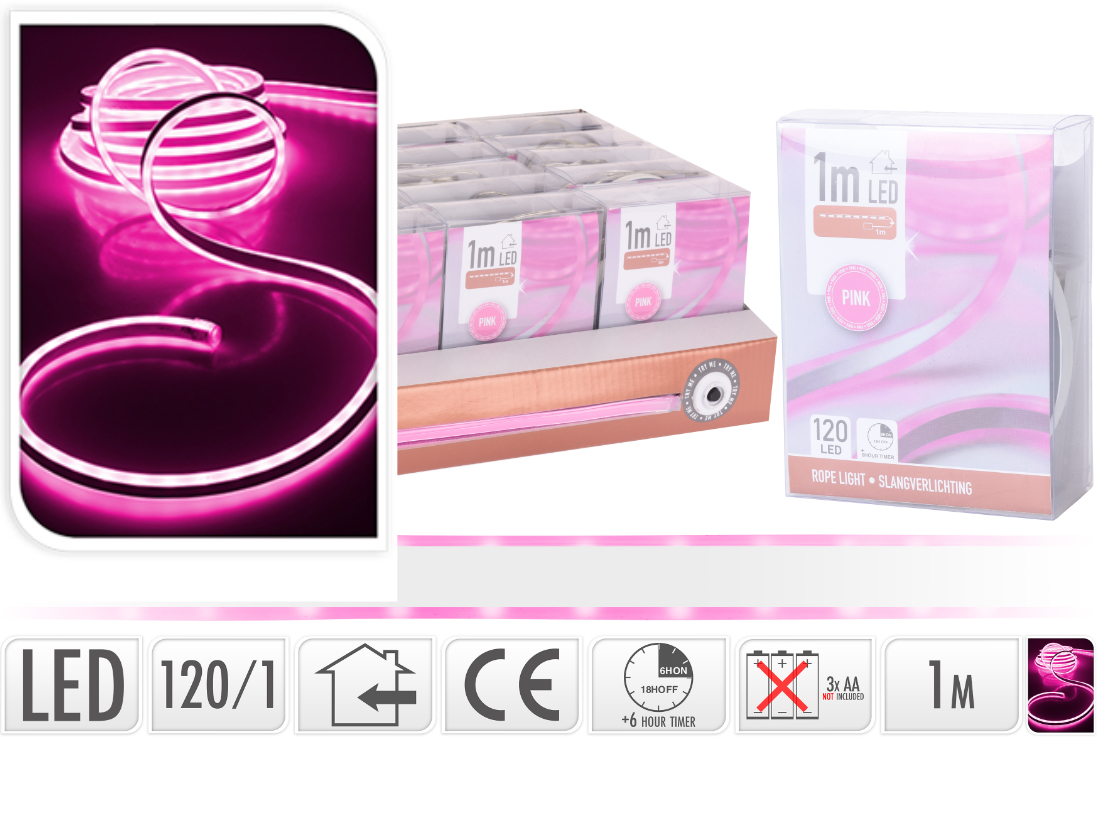 LED Lichterkette, Schlauchbeleuchtung, 120 LED`s mit Timer, pink
