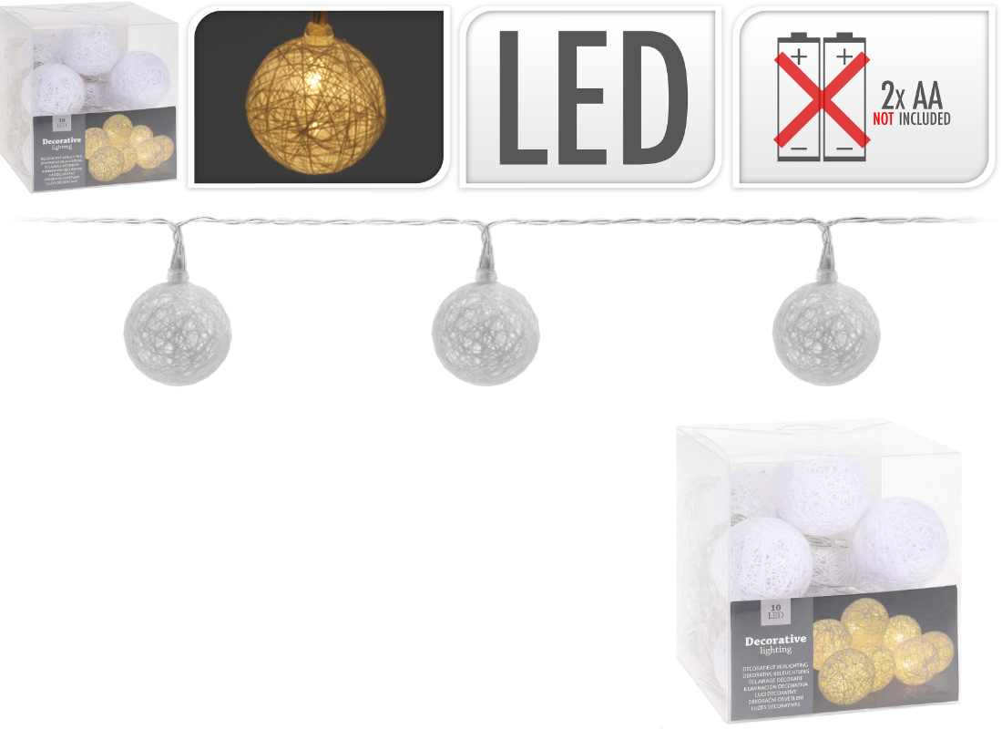 LED Lichterkette 10 Raphia Kugeln 4 cm, Länge 170 cm, weiß