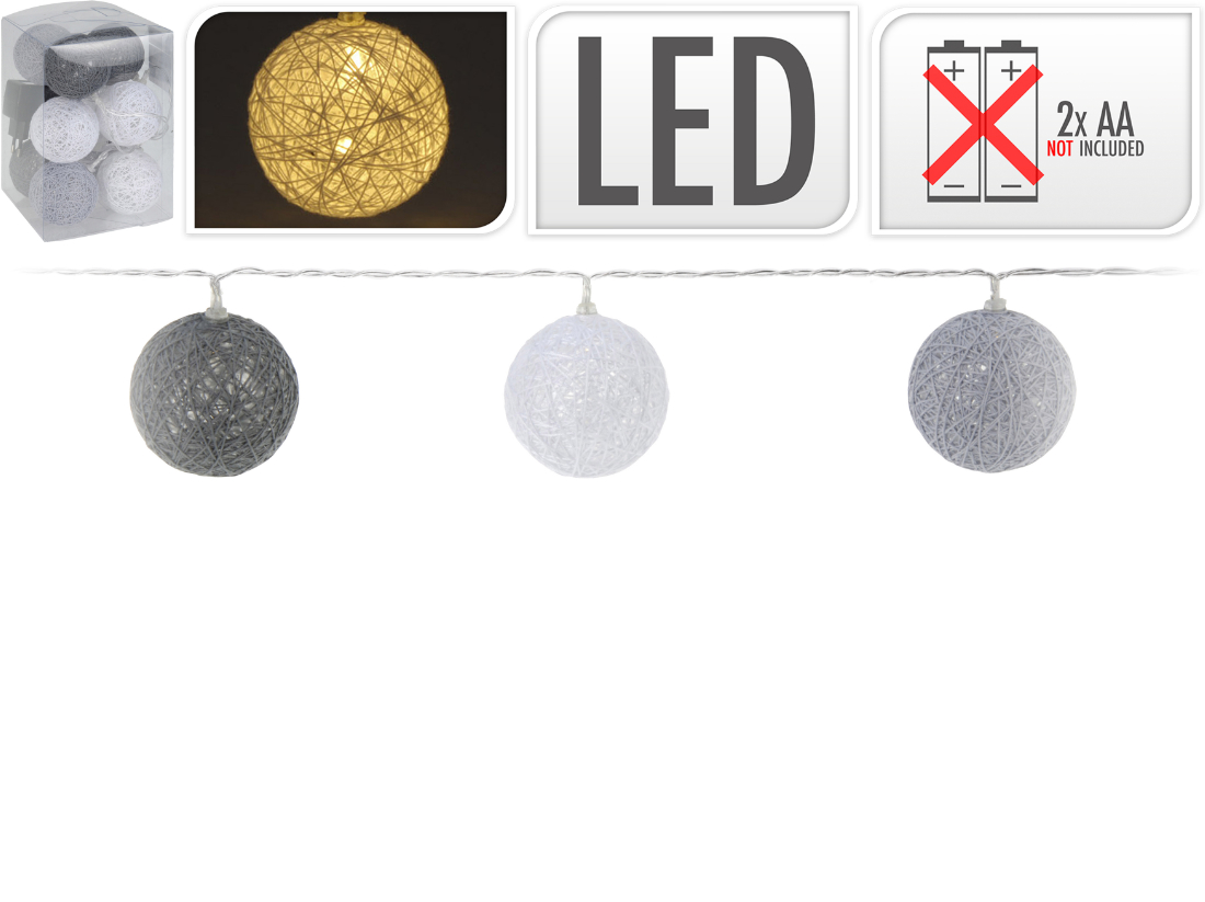 LED Lichterkette 10 Raphia Kugeln 6 cm, Länge 180 cm, grau-weiß-schwarz
