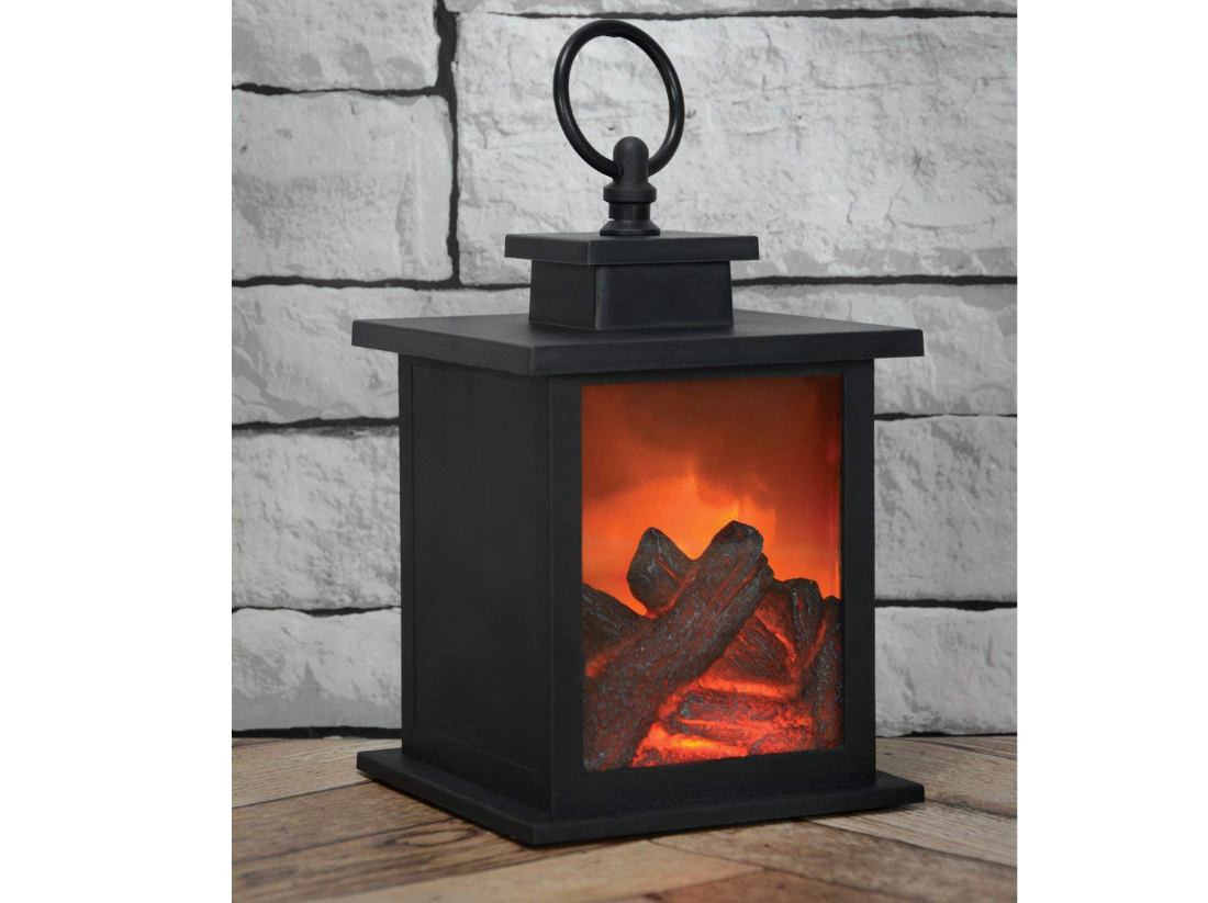 Laterne Metall mit Kamin-Feuer,  16 x 14 x 25 cm