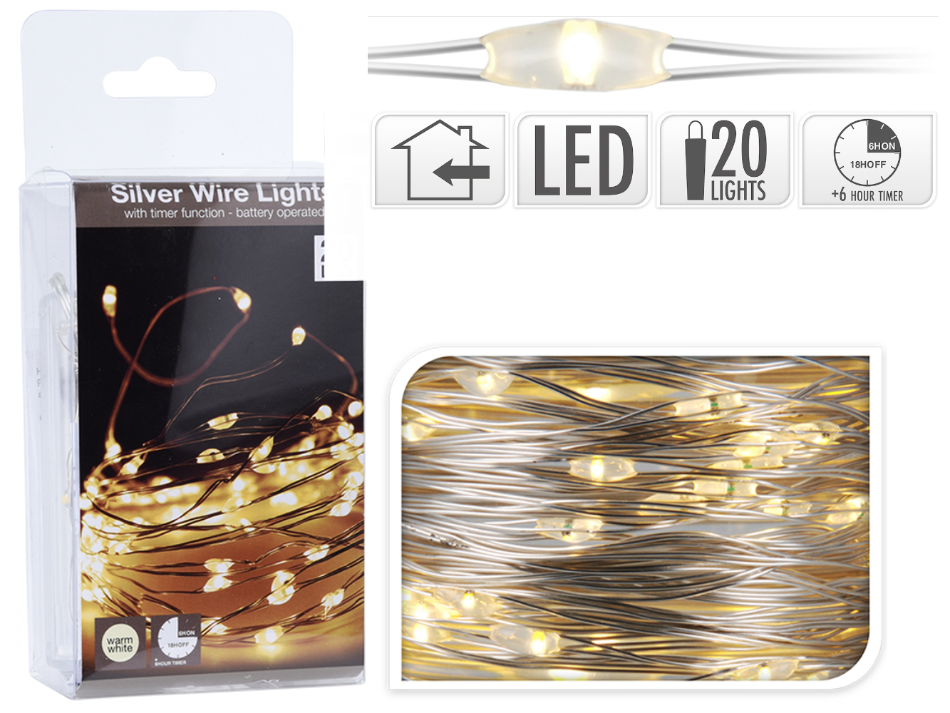 LED Silberdraht Beleuchtung 20 LED mit TIMER, warm-weiß