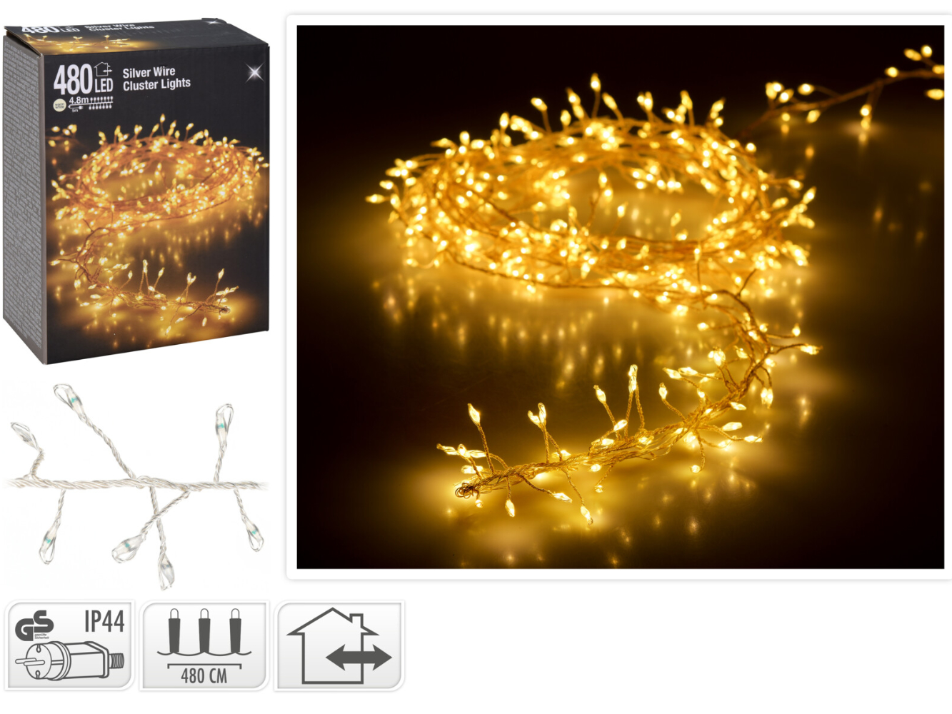 LED Silberdraht Cluster Lichterkette, Beleuchtung für Außen 480 LED warmweiß