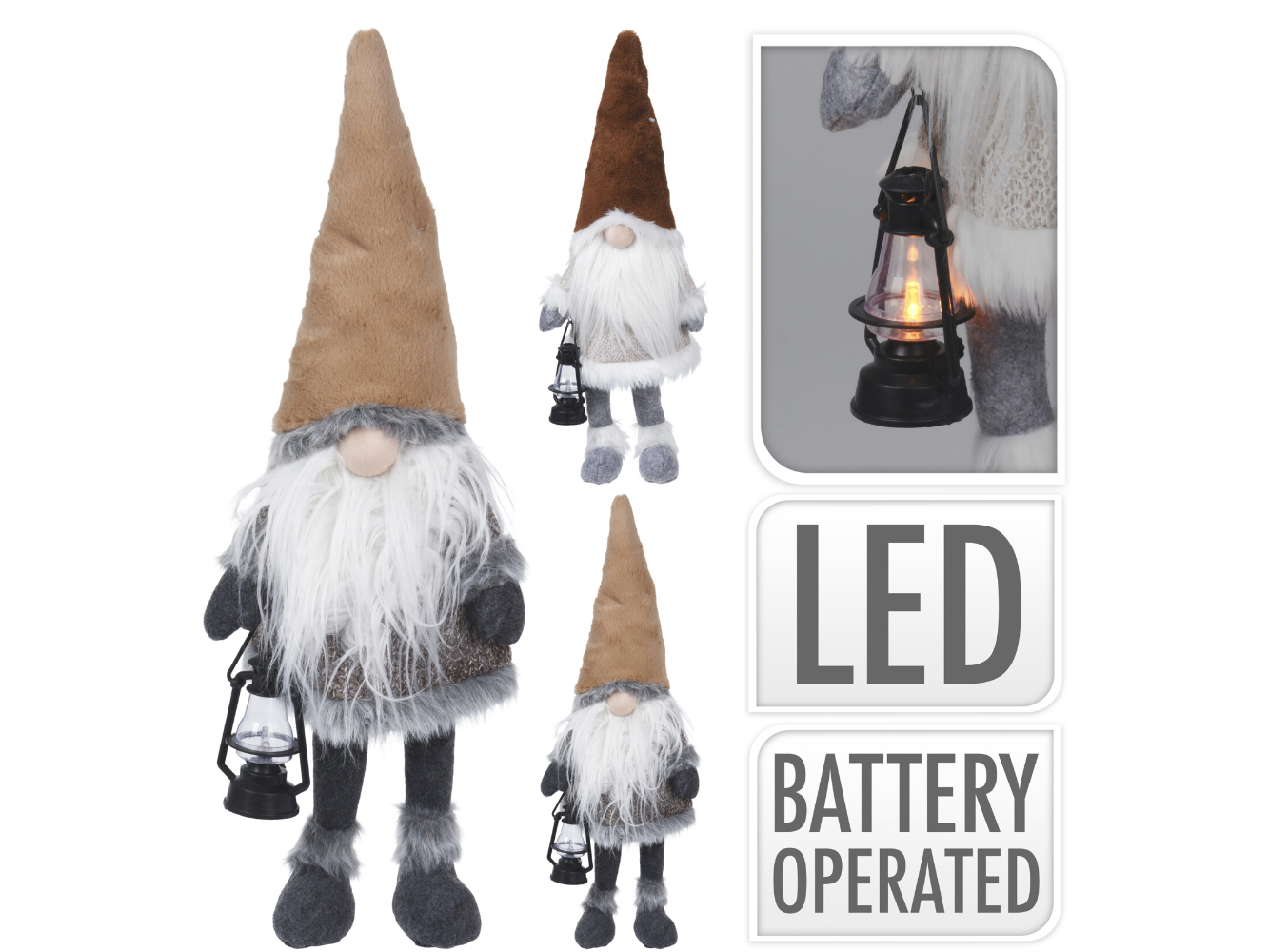 Deko Wackel-Wichtel / Zwerg m. LED Laterne, 2-fach sortiert braun-grau