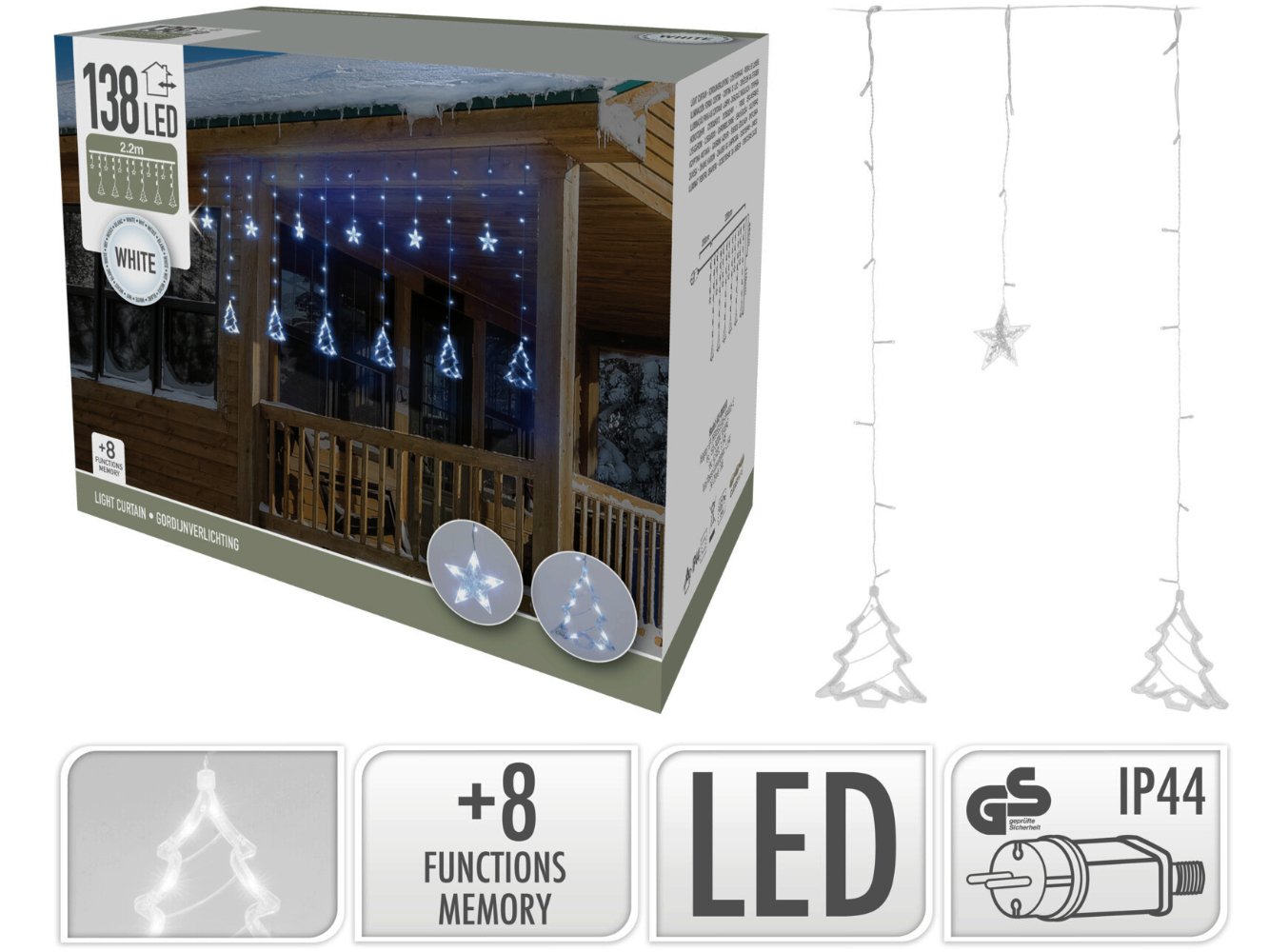 LED Lichterkette, Girlande m. Acryl Stern/Baum, 12 Anhänger, kalt-weiß, 138 LED`s