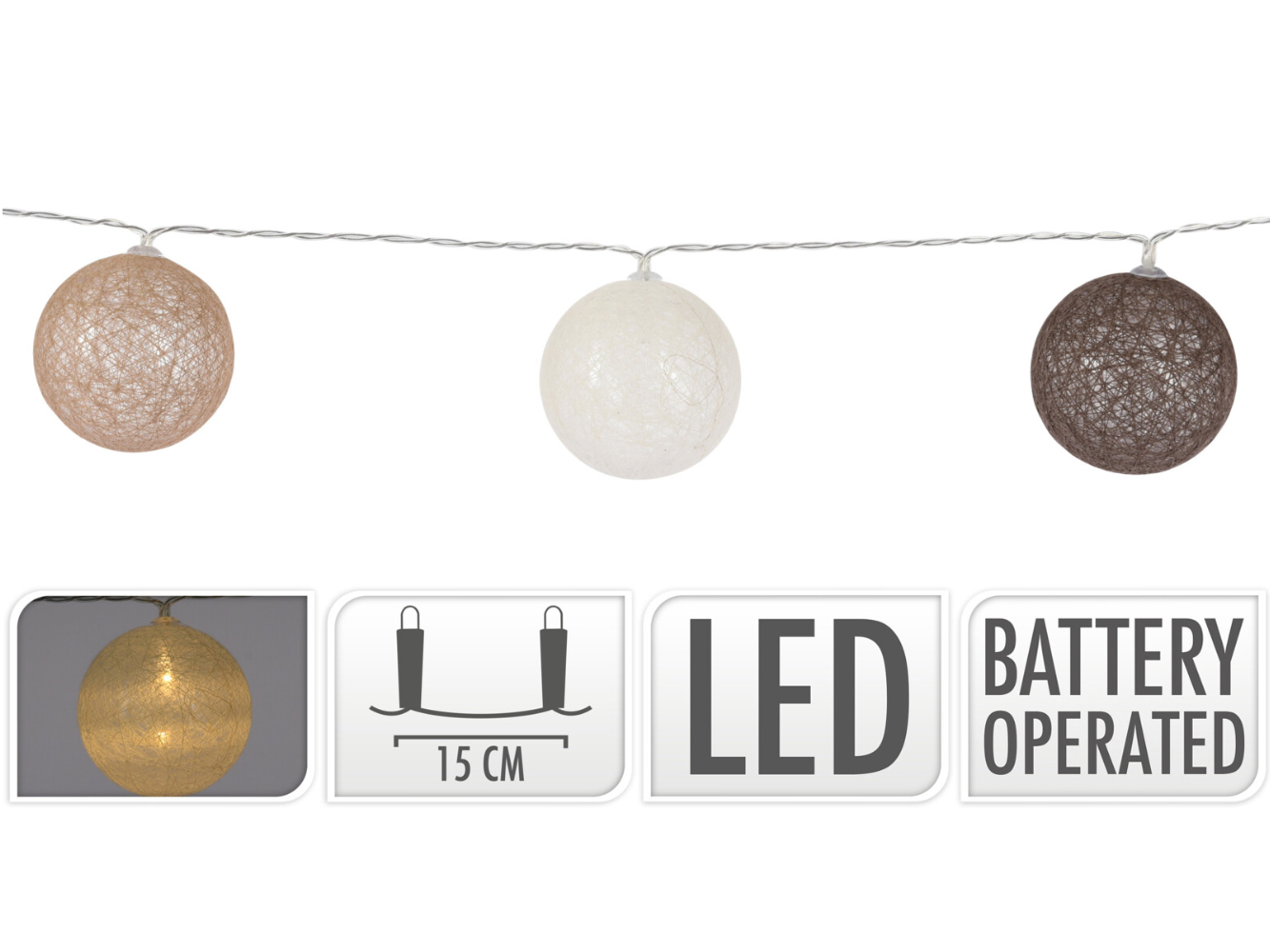 LED Lichterkette 10 Raphia Kugeln 6 cm, Länge 180 cm, creme-beige-braun