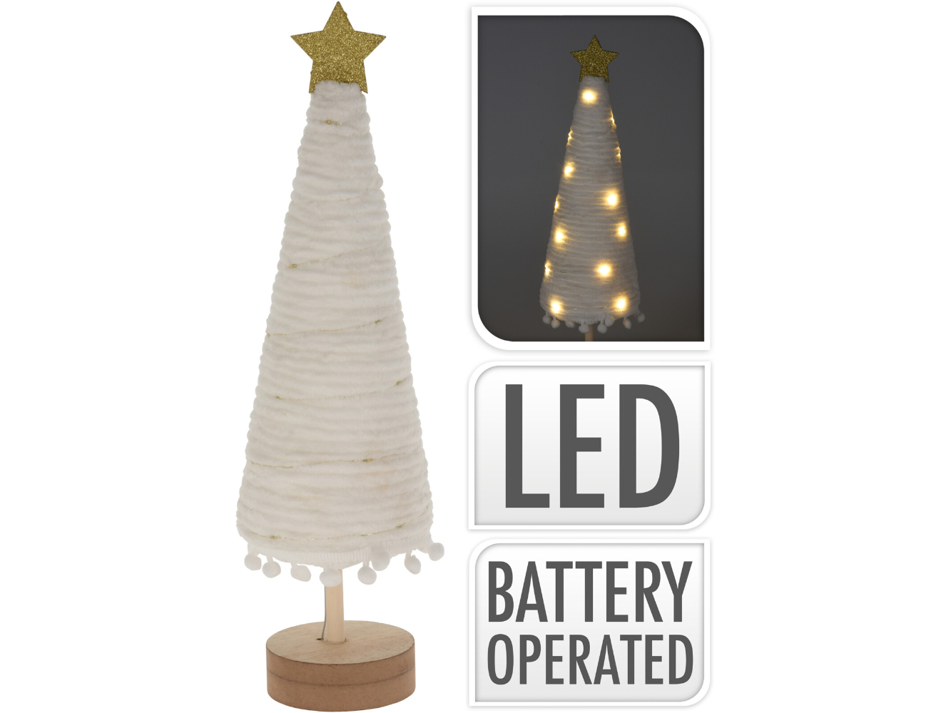 LED Deko Weihnachtsbaum aus Wolle mit Holzfuss weiss