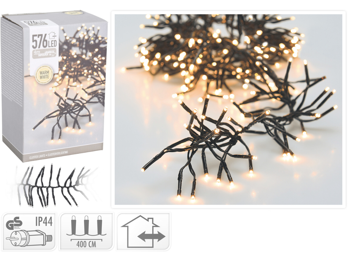 Cluster Büschel Lichterkette, warm-weiß für Aussen,  576 LEDmit Timer & 8 Funktionen