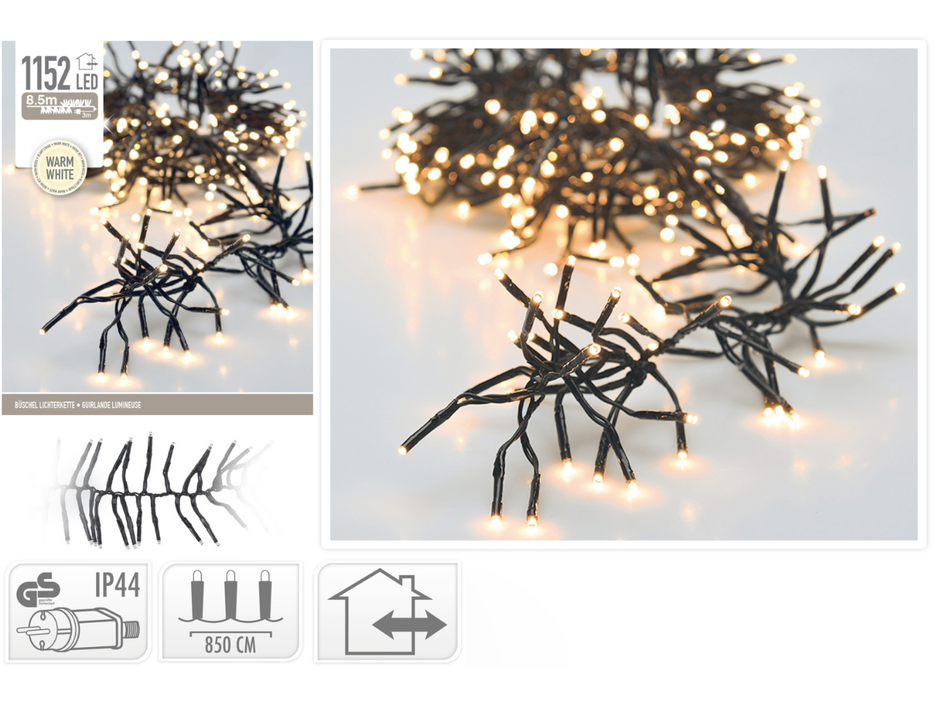 Cluster Büschel Lichterkette, warm-weiß für Aussen,  1152 LED mit 8 Funktionen