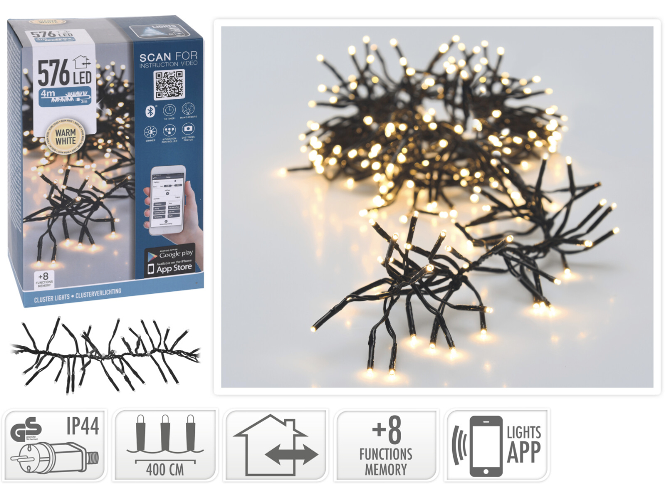 Bluetooth Cluster Büschel Lichterkette warmweiß für Innen & Aussen, 576 LED
