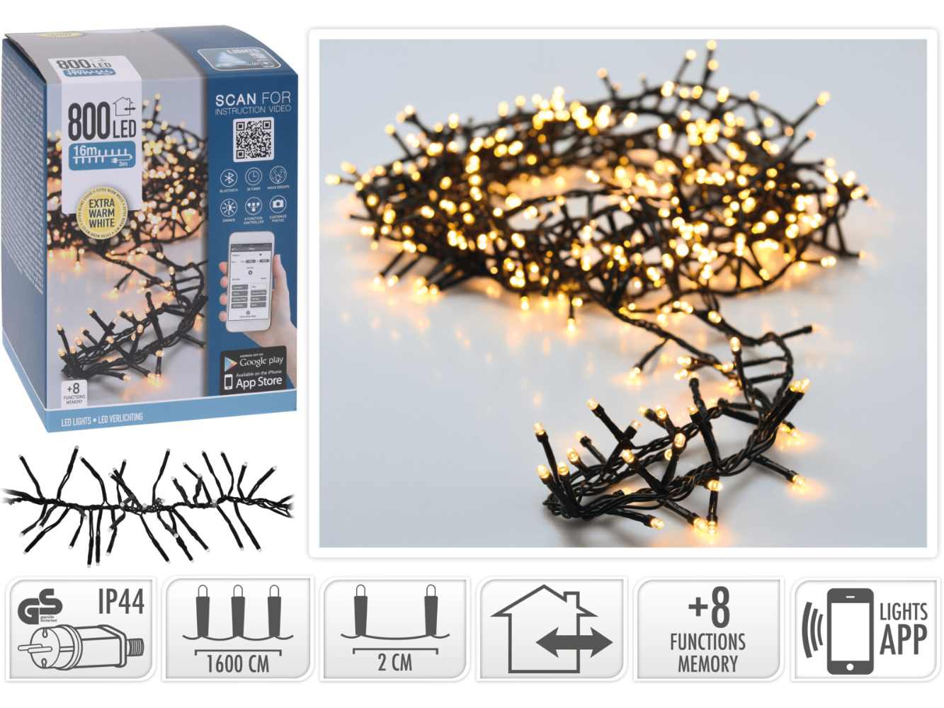 Bluetooth Lichterkette warmweiß für Innen & Aussen, 800 LED