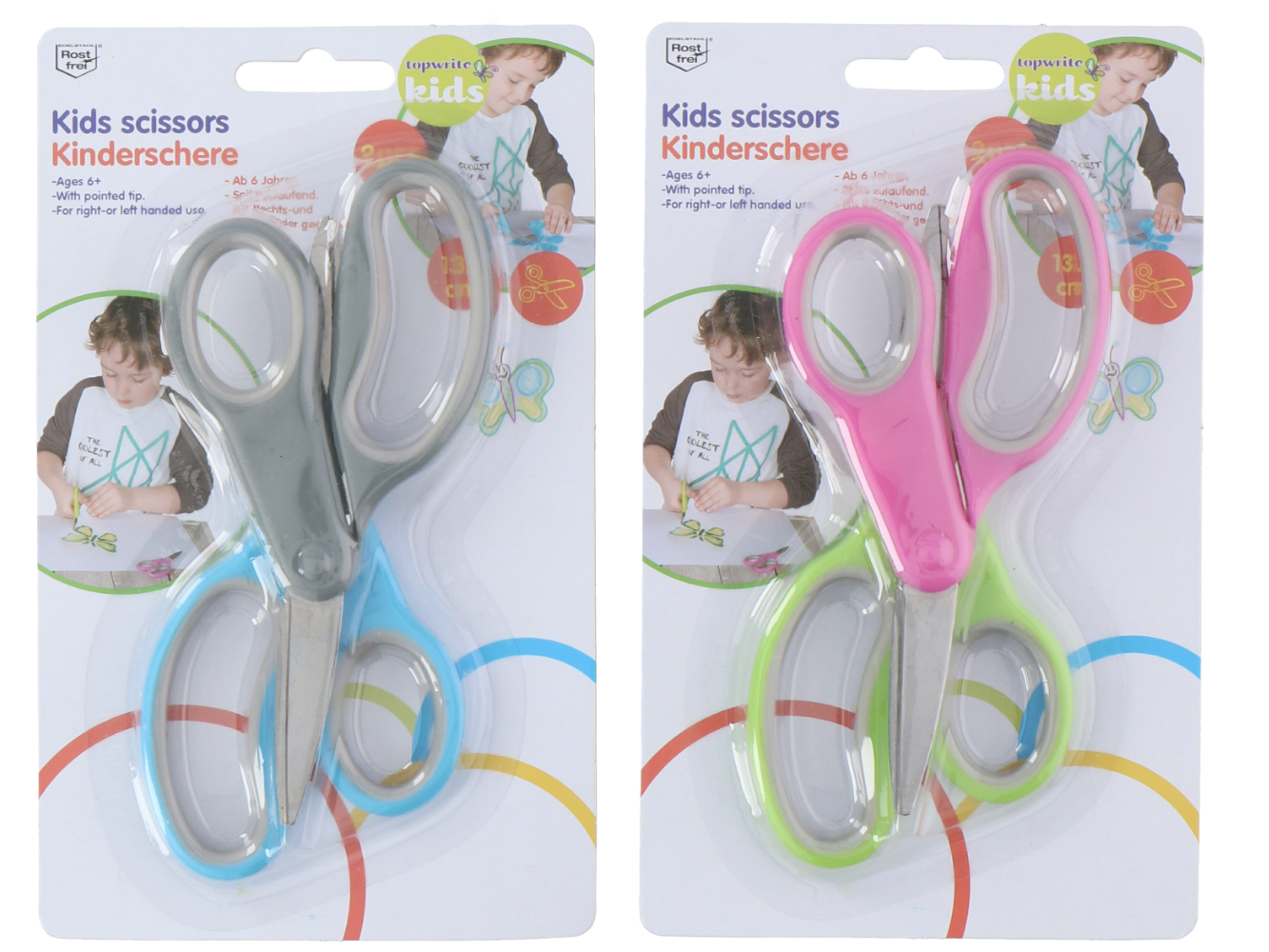 2er Set Schülerschere, Kinderschere, 13,5 cm mit Soft Touch Griff