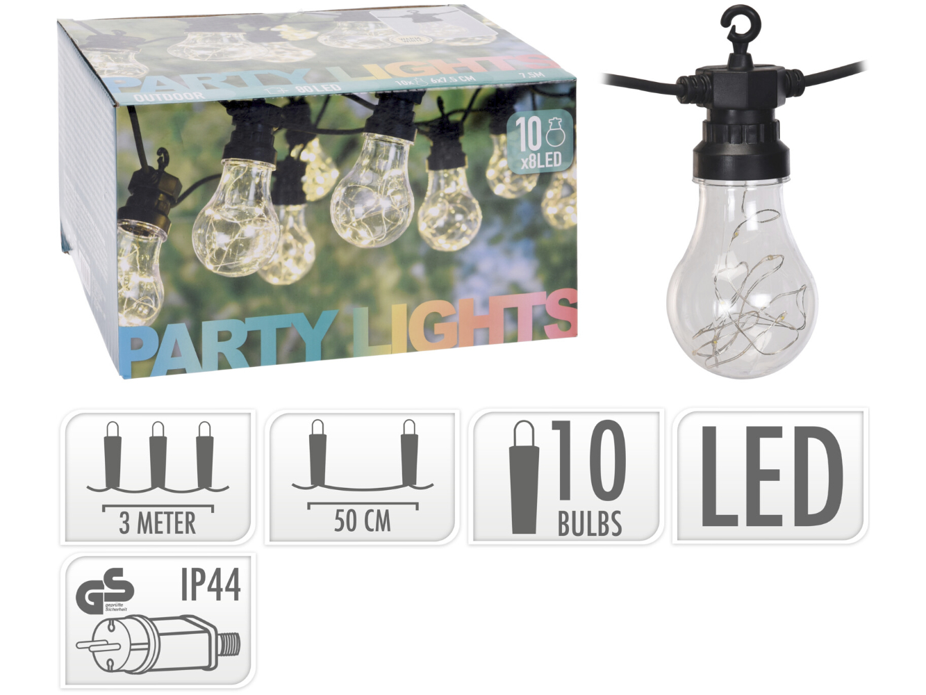 Partybeleuchtung Outdoor mit 10 Lampen mit LED Draht, 3,0 m