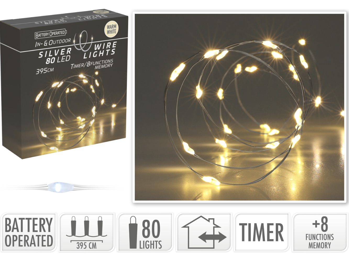 LED Silberdraht Beleuchtung 80 LED mit TIMER + 8 Funktionen, warm-weiß