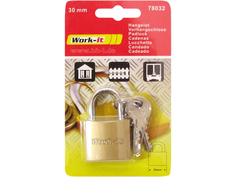 Vorhängeschloss massiv 30mm mit 6 Schlüsseln mit gehärtetem Bügel, auf Blisterpackung