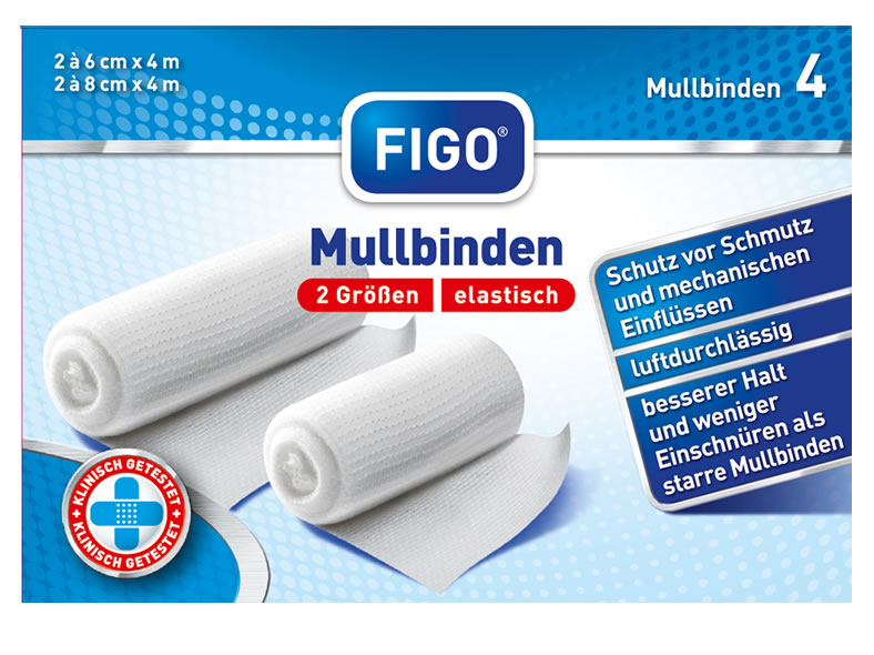 Mullbinden. elastisch 4 Stück in 2 Größen im Sichtkarton Inhalt: 2 Stück 6 cm x 4 m, 2 Stück 8 cm x 4 m