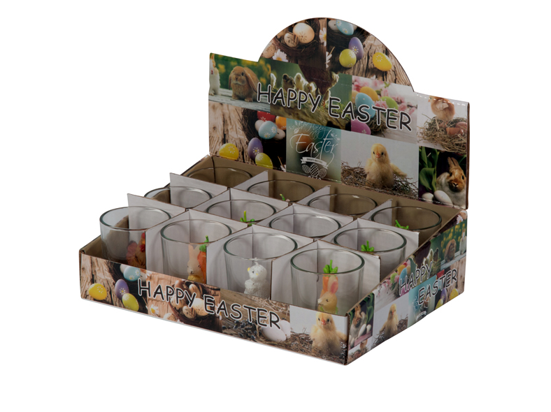 Kerze Osterfiguren im Glas, 120g 5,5D x 6,5cm hoch