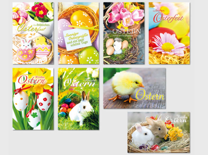 Oster-Karte mit Eiern, Kücken und Hasen