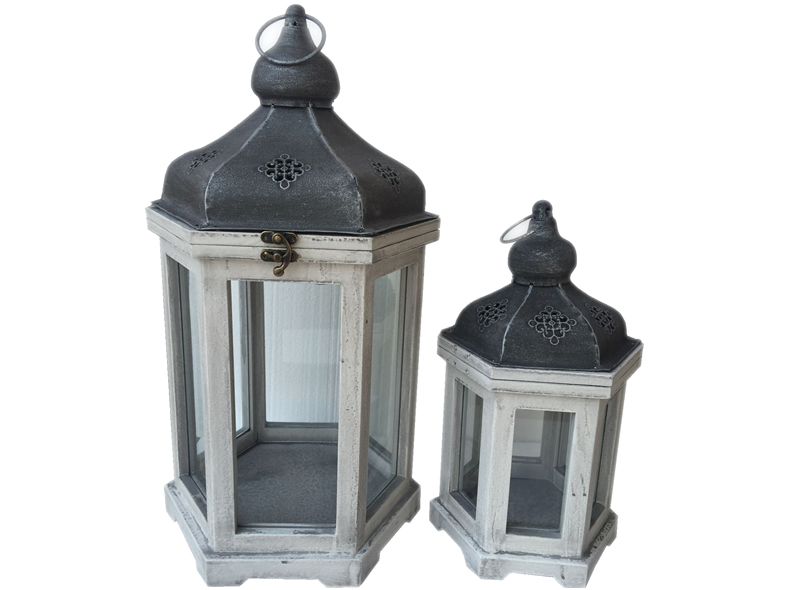 Laterne aus Holz, 2er Set, natur hell, sechseckig