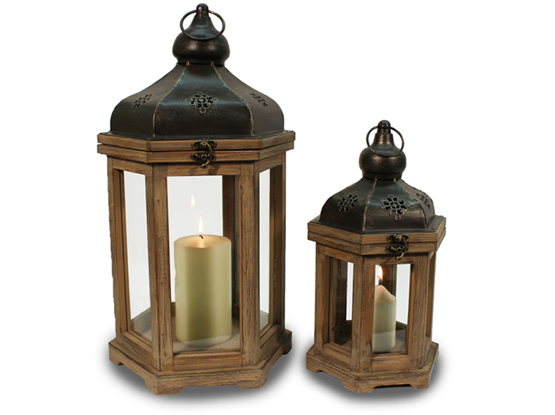 Laterne aus Holz, 2er Set, braun, sechseckig