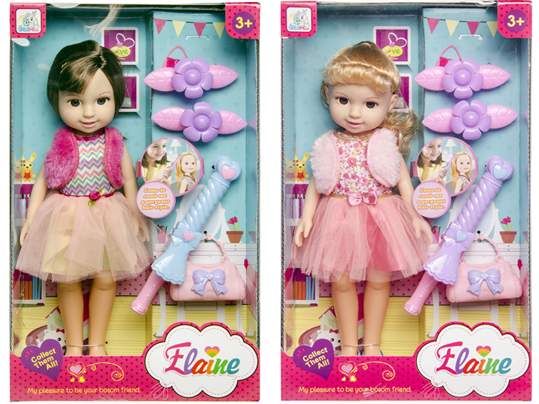 große Puppe Elaine mit Haar, im Sichtkarton