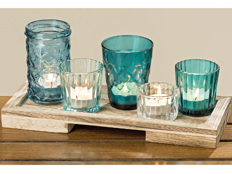 Windlicht / Teelicht-Set auf Holztablett Berit 6-teilig, 28 x 11 x 12 cm