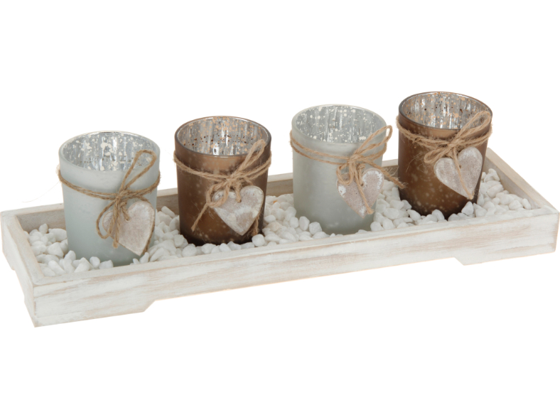 Teelichthalter Set 6-tlg., auf Shabby Holz-Tablett