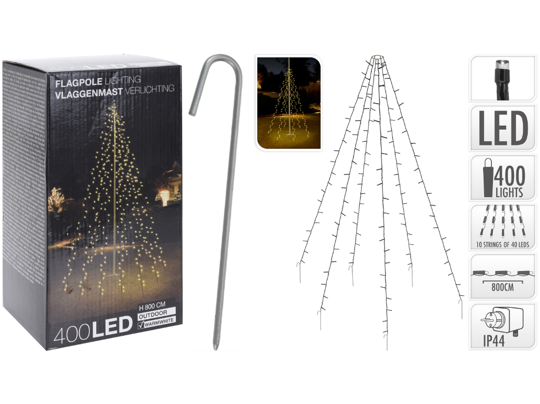 Fahnenmast Lichterkette - 400 LED`s, 10 Stränge a 8m, warmweisses Licht