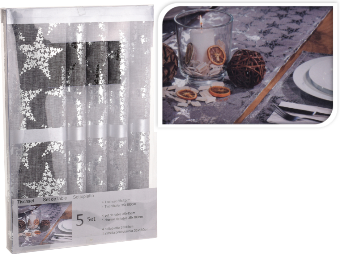 Tischläufer + 4x Tischsets weihnachtlich, Sterne silber/grau