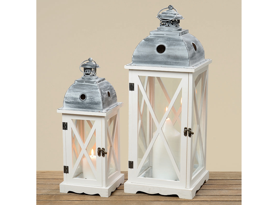 Laterne Tudor 2-teilig, H 42-60 cm Holz/Glas/Metall grau