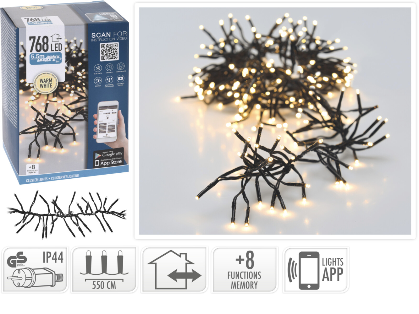 Bluetooth Cluster Büschel Lichterkette warmweiß für Innen & Aussen, 768 LED
