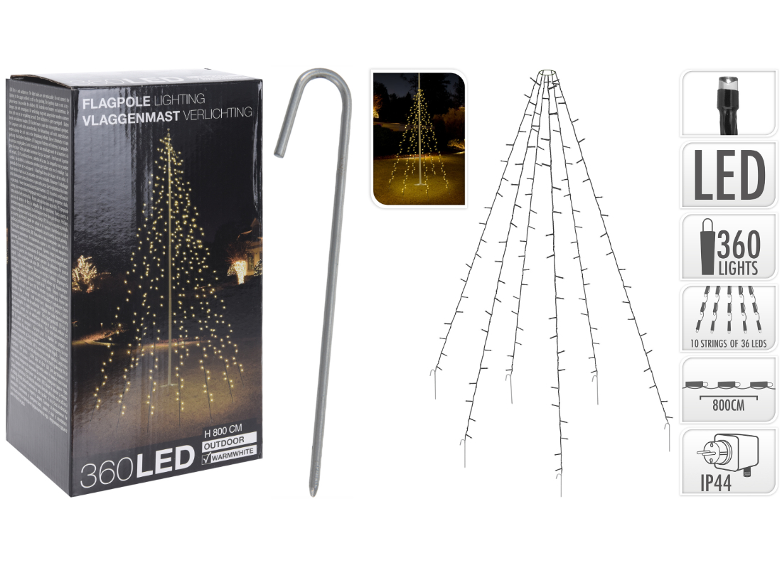 Fahnenmast Lichterkette - 360 LED`s, 10 Stränge a 8m, warmweisses Licht