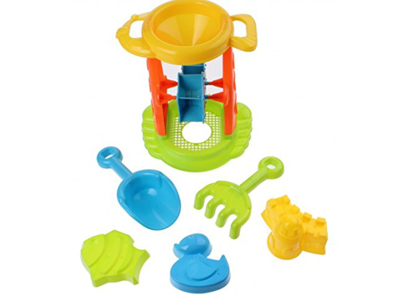 Sandspielzeug 5tlg. Schaufel, Sieb, Förmchen, Wasserrad
