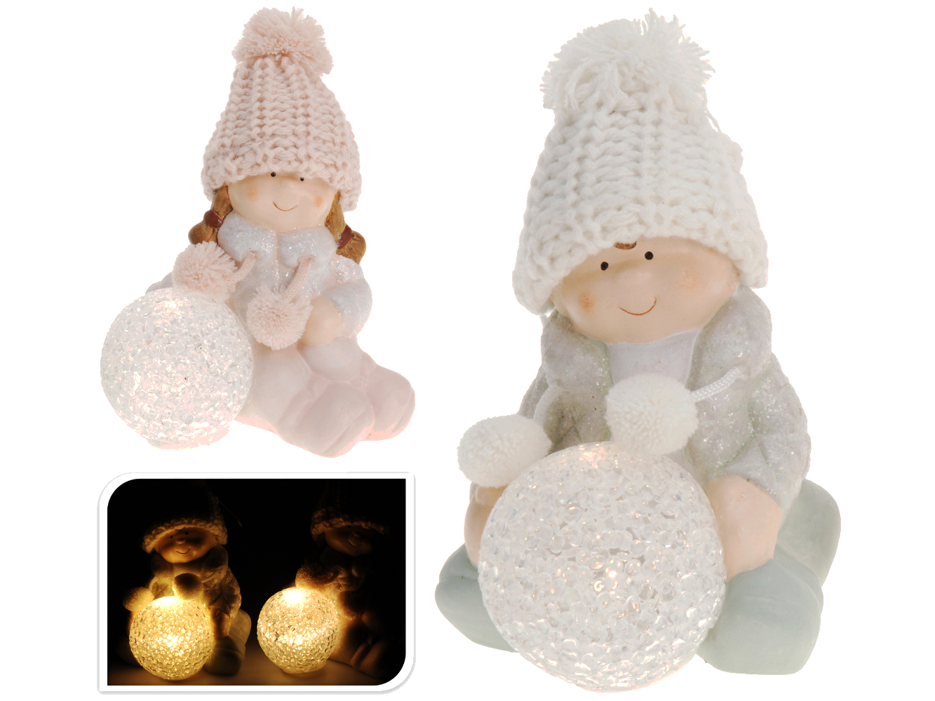 Deko Figur Porzellan Wintermädchen m. Strickmütze & LED Kugel
