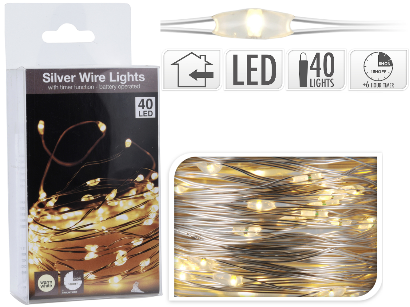 LED Silberdraht Beleuchtung 40 LED mit TIMER, warm-weiß