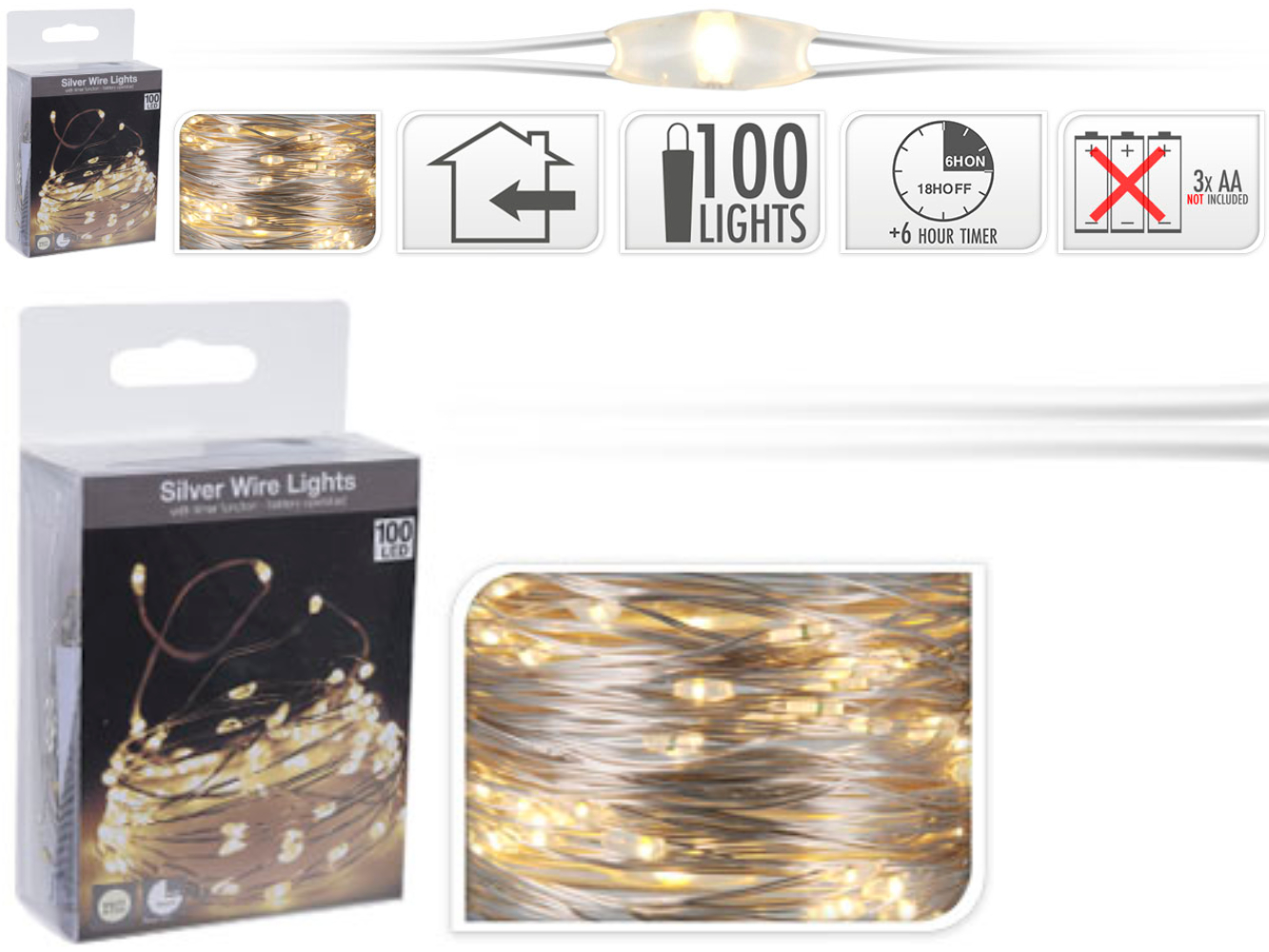 LED Silberdraht Beleuchtung 100 LED mit TIMER, warm-weiß