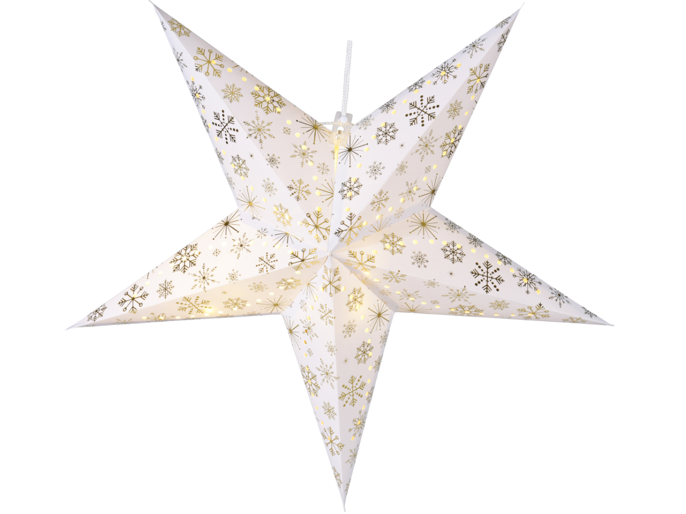 LED Papier Stern zum hängen mit TIMER, Eiskristall gold, warm-weiße LED`s