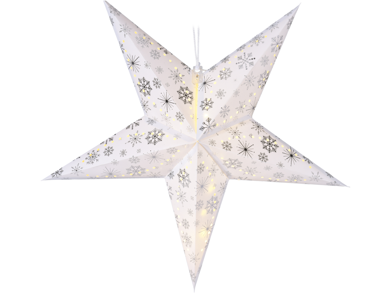 LED Papier Stern zum hängen mit TIMER, Eiskristall silber, warm-weiße LED`s