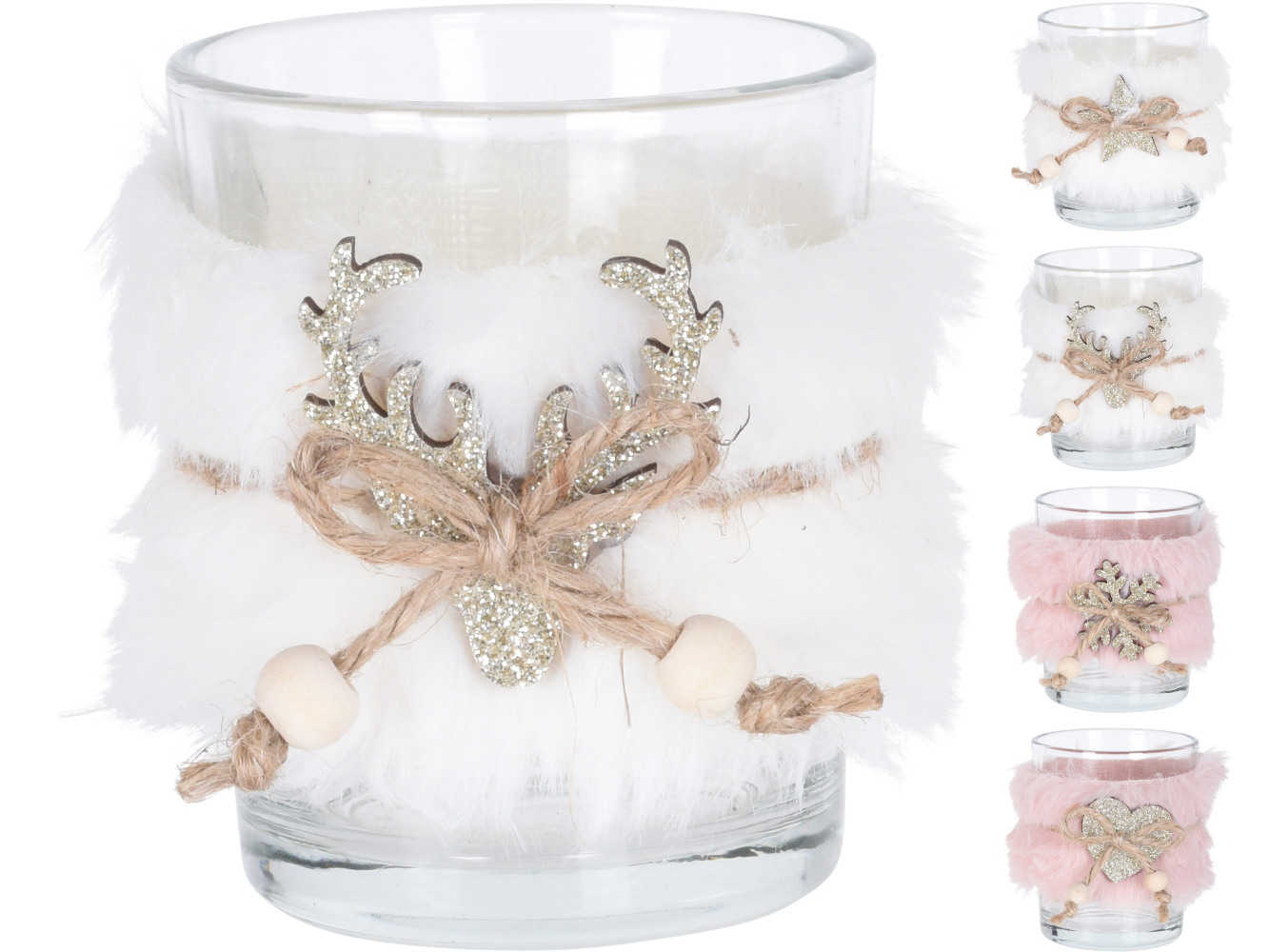 Teelichthalter, Teelichtglas mit Fell weiß & rosé