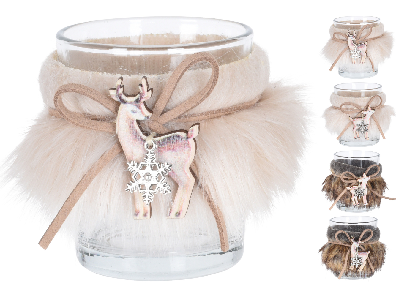 Teelichthalter, Teelichtglas mit Fell braun & natur