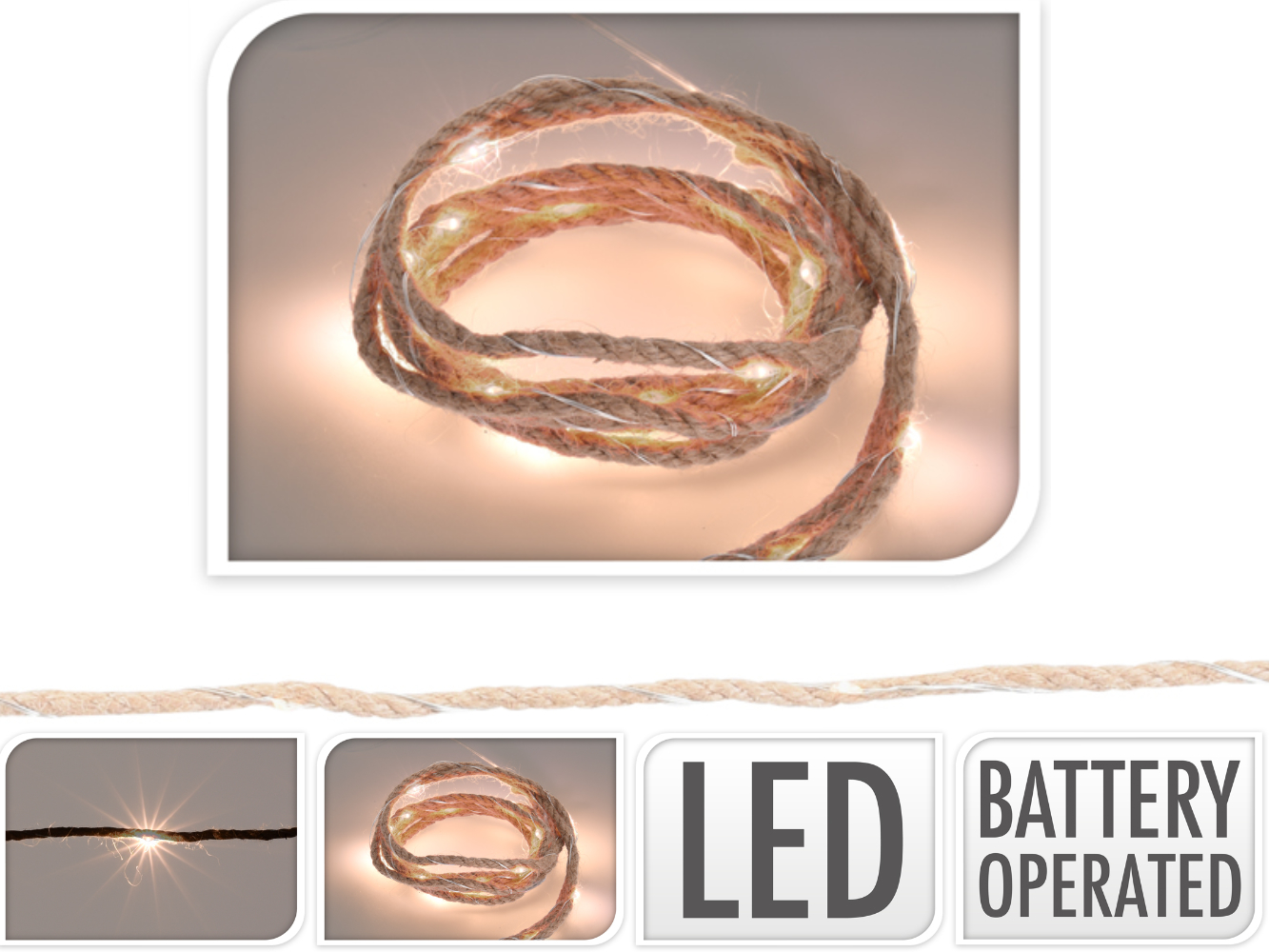 LED Lichterkette Tau Jute-Kordel mit 20 LED`s warmweiß